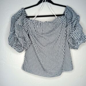 Aqua Gingham Off the Shoulder Puff Gather Sleeve